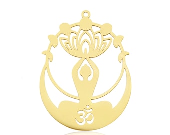 Stainless Steel Laser Cut OM Pendant, OM Lotus Charm, Meditation Charms, Silver Gold Stainless Steel Necklace Pendant, DIY Charm 43x32mm