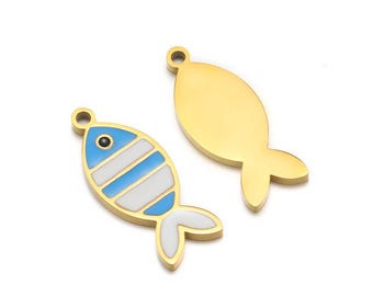 5Pcs Stainless Steel Fish Pendant, Enamel Fish Charm, Color Fish Necklace Charm Pendants for Jewelry Making 7.5x18mm