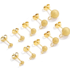 10Pcs 3mm 4mm 5mm 6mm 8mm Gold Stainless Steel Ball Pin Posts Earring Stud Findings with Loop, Frosted Ball Stud Post For Jewelry Making