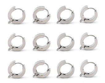 10Pcs Stainless Steel Huggie Hoop Earrings Blanks, Sleeper Earring Hoop with Loop, Surgical Ear Piercing Hoop Hypoallergenic Hook 14mm