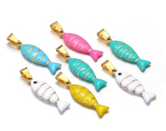 Stainless Steel Fish Pendant, Enamel Fish Charms, Gold Fish Necklace Pendant, DIY Charm 7x22mm