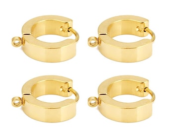 10Pcs Stainless Steel Huggie Hoop Earrings Blank, Gold Plated Sleeper Earring Hoop with Loop, Surgical Ear Piercing Hoop Hypoallergenic 14mm