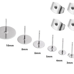 100pcs 3mm / 4mm / 5mm / 6mm / 8mm / 10mm / 12mm Pad Stainless Steel Blank Earring Stud Base Cabochon Settings, Steel Ear Post, DIY Jewelry Making imagen 1