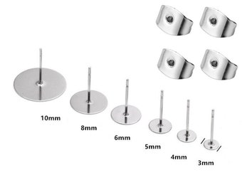 100pcs 3mm/4mm/5mm/6mm/8mm/10mm/12mm Pad Stainless Steel Blank Earring Stud Base Cabochon Settings, Steel Ear Posts, DIY Jewelry Making