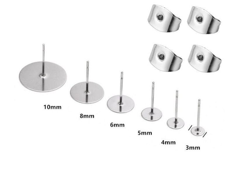 100pcs 3mm / 4mm / 5mm / 6mm / 8mm / 10mm / 12mm Pad Stainless Steel Blank Earring Stud Base Cabochon Settings, Steel Ear Post, DIY Jewelry Making imagen 1