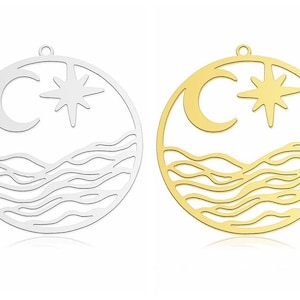 Stainless Steel Laser Cut Moon Star Pendant, Ocean Charm, Gold Round Moon Star Pendant, DIY Necklace Charms Jewelry Making 31mm