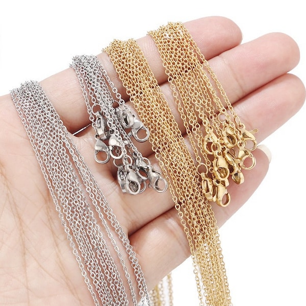10Pcs 2mm Links 316L Stainless Steel Chain, Gold Silver Chain with Clasp, Steel Necklace Chain with Extension, Jewlery Findings 45cm