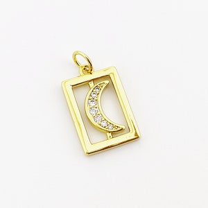 18K guld rektangulär ram hänge, mikrobelagda månhängen, guldmåne örhänge med CZ, gör-det-själv smyckesdetaljer 11 x 17 mm