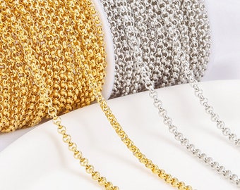 10 Feet Stainless Steel 5mm Rolo Chain, Tarnish Resistant Gold Silver Tone Big Rolo Link Chain for Necklace Bracelet Making