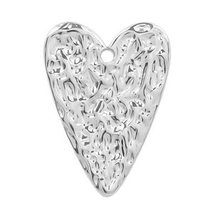May include: A silver heart-shaped charm with a textured surface. The charm has a small hole at the top for attaching to a necklace or bracelet.