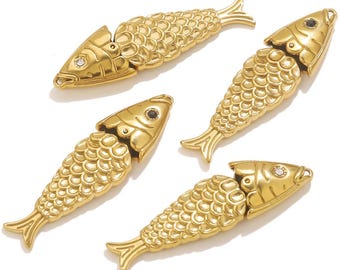 Großhandel Schmuck Edelstahl Fisch Anhänger, CZ Pave Gold Fisch Charms, vergoldeter Edelstahl Anhänger 14 x 50 mm