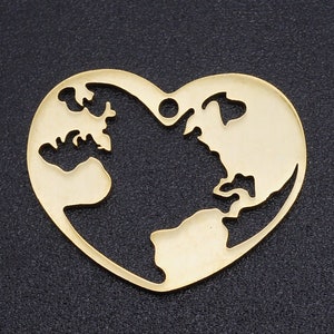 Acero inoxidable en forma de corazón Globo amuleto, colgante de globo, colgante de mapa del mundo de oro, pendientes hallazgos Collar de amuletos Joyería
