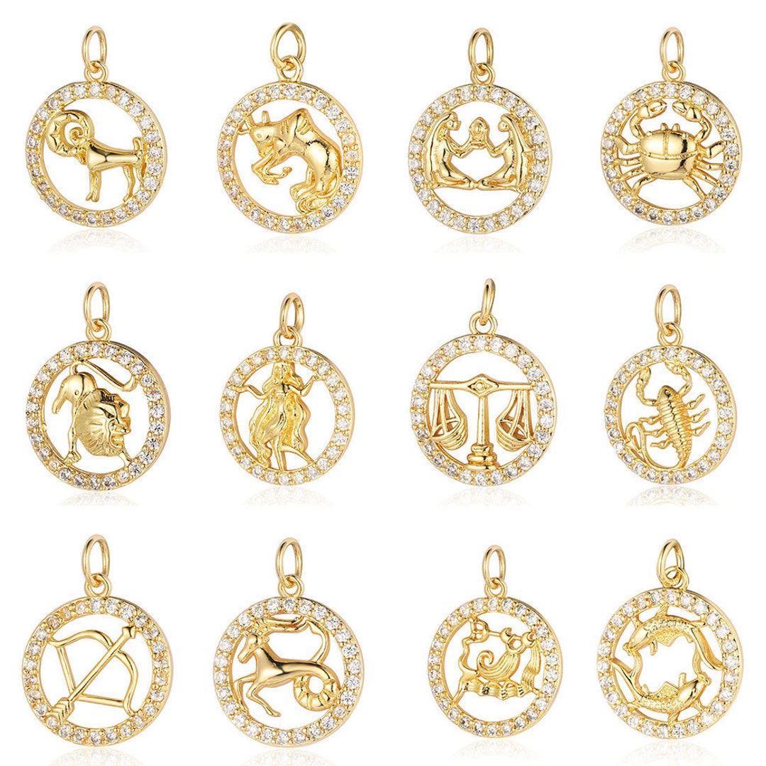 16mm Round 18K Gold Plated Zodiac Sign Pendants, Micro Pave Zodiac ...