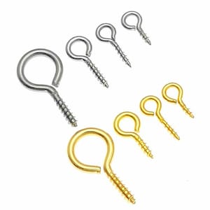 May include: Assortment of screw-in eye hooks in silver and gold finishes. The hooks are various sizes and are ideal for hanging lightweight items.