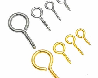 100pcs 4x8mm 4x10mm 5x10mm 5x12mm Stainless Steel Eye Pins, Screw Eyepins Hooks Eyelets Screw Threaded Hooks Cork Screw Pins DIY Jewelry