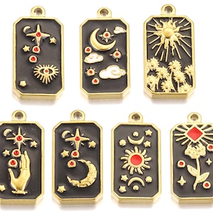 Stainless Steel Sun Pendant, Enamel Tarot Starry Sky Pendant, Gold Plated Moon Charms, Rectangular Necklace Pendants, DIY Charm