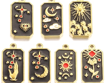 Colgante de sol de acero inoxidable, colgante de cielo estrellado de tarot esmaltado, dijes de luna chapados en oro, colgantes rectangulares para collar, dije DIY