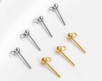 30pcs 3mm 4mm 5mm 6mm Gold 316 Stainless Steel Ball Pin Posts Earring Stud Findings with Parallel Loop, Ball Stud Post For Jewelry Making