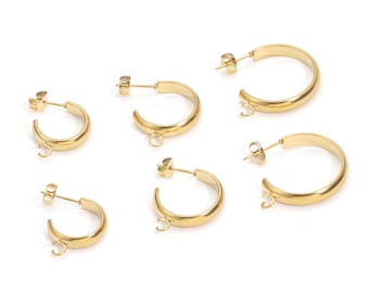 10Pcs 15mm 18mm 23mm Stainless Steel Hoop Earring Blanks, Gold C Shape Hoop Earrings with Loop, DIY Jewelry Making Ear Hooks