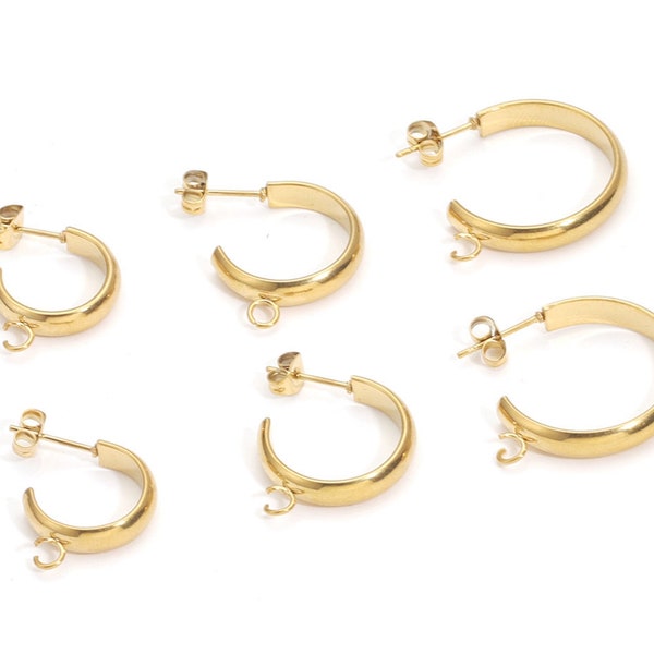 10Pcs 15mm 18mm 23mm Stainless Steel Hoop Earring Blanks, Gold C Shape Hoop Earrings with Loop, DIY Jewelry Making Ear Hooks