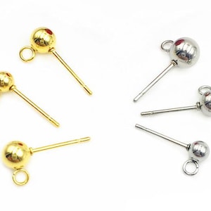 30pcs 3mm 4mm 5mm 6mm Gold 316 Stainless Steel Ball Pin Posts Earring Stud Findings with Parallel Loop, Ball Stud Post For Jewelry Making