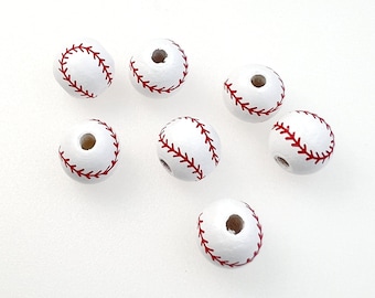 50Pcs Baseball Beads, Wood Printed Baseball Bead, Round Wood Beads, Baseball Necklace Bead, Colored Wood Ball Beads for Making Jewelry