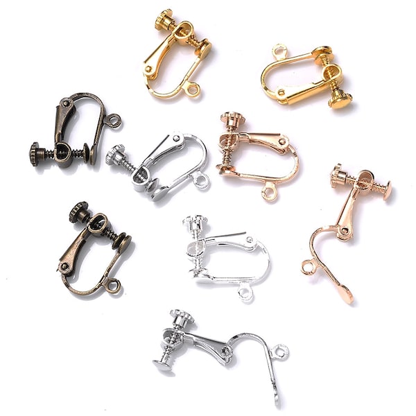 10Pcs 15x13mm Invisible Ear Clips, Brass Non Piercing Earring Clip, French Ear Wire Clips, Threaded Earring Clip with Loop, Jewelry Findings