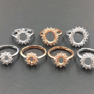1Pcs multiple size Rose Gold Silver Oval CZ stone Prong Setting solid 925 Sterling Silver Bezel Tray DIY adjustable ring settings