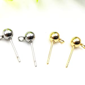 30pcs 3mm 4mm 5mm 6mm Gold Silver 316 Stainless Steel Ball Pin Posts Earring Stud Findings with Loop, Ball Stud Post For Jewelry Making