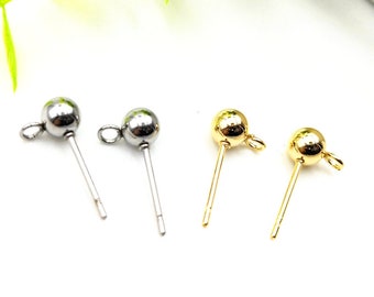 30pcs 3mm 4mm 5mm 6mm Gold Silver 316 Stainless Steel Ball Pin Posts Earring Stud Findings with Loop, Ball Stud Post For Jewelry Making