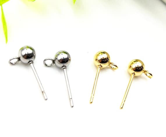 30pcs 3mm 4mm 5mm 6mm Gold Silver 316 Stainless Steel Ball Pin Posts Earring Stud Findings with Loop, Ball Stud Post For Jewelry Making