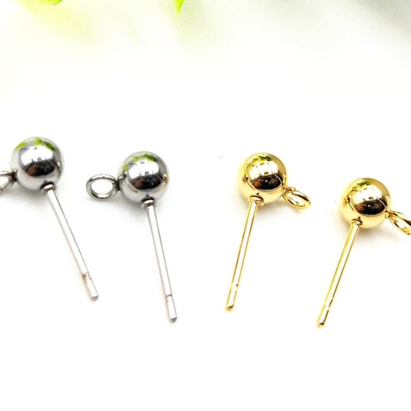 30pcs 3mm 4mm 5mm 6mm Gold Silver 316 Stainless Steel Ball Pin Posts Earring Stud Findings with Loop, Ball Stud Post For Jewelry Making