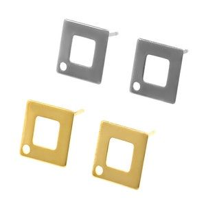 May include: A pair of earrings with a square design. One pair is gold and the other is silver.