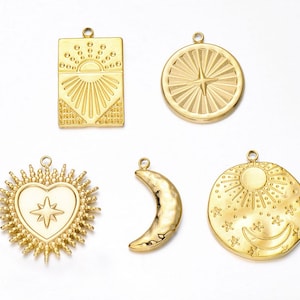 Stainless Steel Heart Shape Star Pendant, Sun Charm, Gold Plated Moon Pendants, Stainless Steel Round Necklace Pendant, DIY Charms