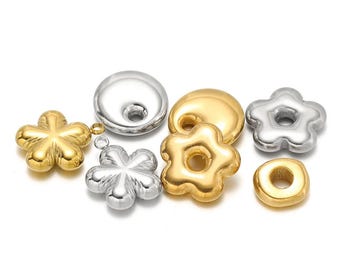 4Pcs Stainless Steel Flower Bead, Round Bead Charm, Gold Square Charm Pendants, DIY Necklace Charms Jewelry Making