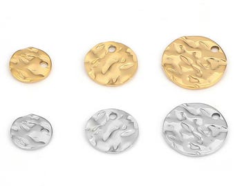 20 stuks 8 mm 10 mm 12 mm roestvrijstalen ronde schijf, schijf met één gat, gehamerde dubbelkralen, gouden munthanger, stalen ronde armband bedel