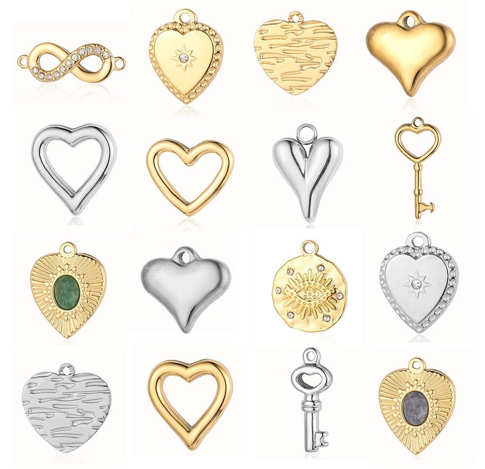 Stainless Steel Laser Heart Pendant, Heart Charm, Gold Key Pendant, CZ Pave Stainless Steel Eye Necklace Pendant, DIY Charm Supply