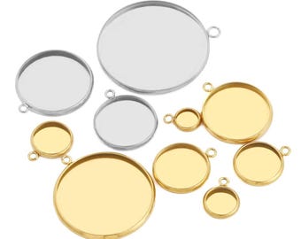 20 piezas de bases para cabujones de acero inoxidable de 6 mm, 8 mm, 10 mm, 12 mm, 14 mm, 16 mm, 18 mm, 20 mm, 25 mm y 30 mm, bandeja para colgantes con engaste de camafeo dorado para la fabricación de joyas.