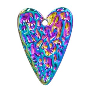 May include: A heart-shaped charm with a textured surface and iridescent finish. The charm is a vibrant mix of blue, purple, green, and yellow.