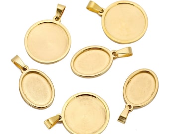 May include: Six gold-tone metal pendant trays with round and oval shapes. The trays are blank and ready for crafting.