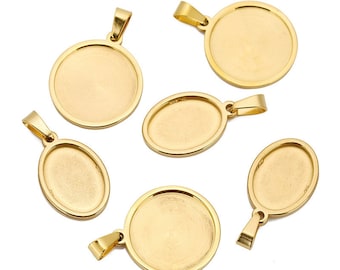 4Pcs 20mm Round 13x18mm Oval Stainless Steel Cabochon Base Setting Pendant, Cameo Setting, Gold Base Setting Tray for Making Necklace