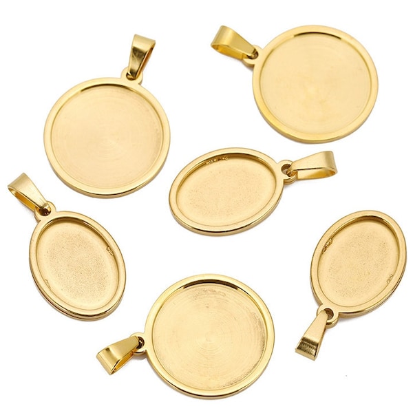 4Pcs 20mm Round 13x18mm Oval Stainless Steel Cabochon Base Setting Pendant, Cameo Setting, Gold Base Setting Tray for Making Necklace
