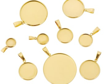 10/20 piezas de 6 mm, 8 mm, 10 mm, 12 mm, 16 mm, 18 mm, 20 mm, 25 mm y 30 mm de acero inoxidable, base de cabujón, bandeja colgante con engaste de camafeo dorado, fabricación de joyas