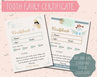 Certificado de Hada de los Dientes Recibo de Hada de los Dientes Niño Niña Carta de Hada de los Dientes Digital Descarga Instantánea Imprimible Niños PDF