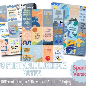 May include: 36 printable lunchbox notes in Spanish. The notes feature colourful designs with positive messages and illustrations.  The notes include phrases like "Te amo mucho" and "Eres la luz de mi vida".