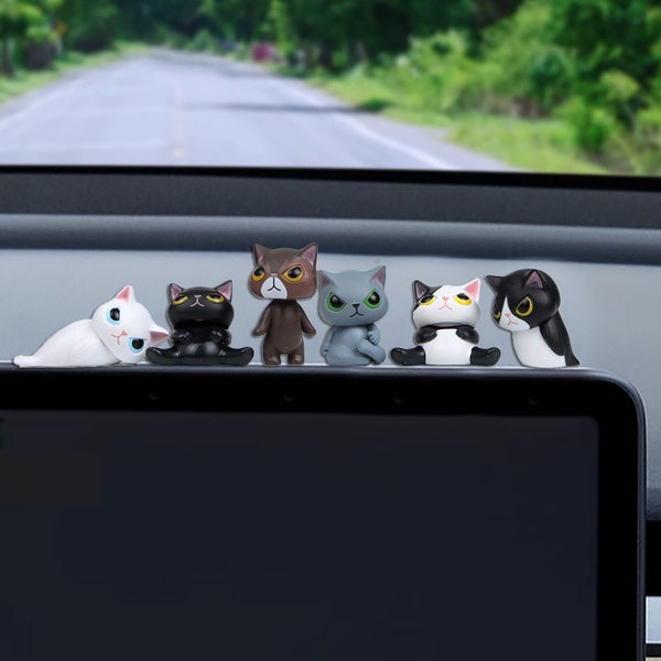 6PCS Mini Cat Car Dashboard Decor, Cute Animals Figurine, Kawaii Car Ornament, Car Interior Accessories, Animal Desktop Ornament Decor