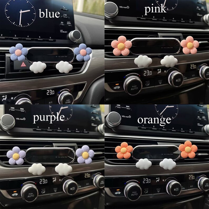 May include: Four car air vent clips with different colored flower designs. The colors are blue, pink, purple, and orange. Each clip has two white cloud-shaped air fresheners.