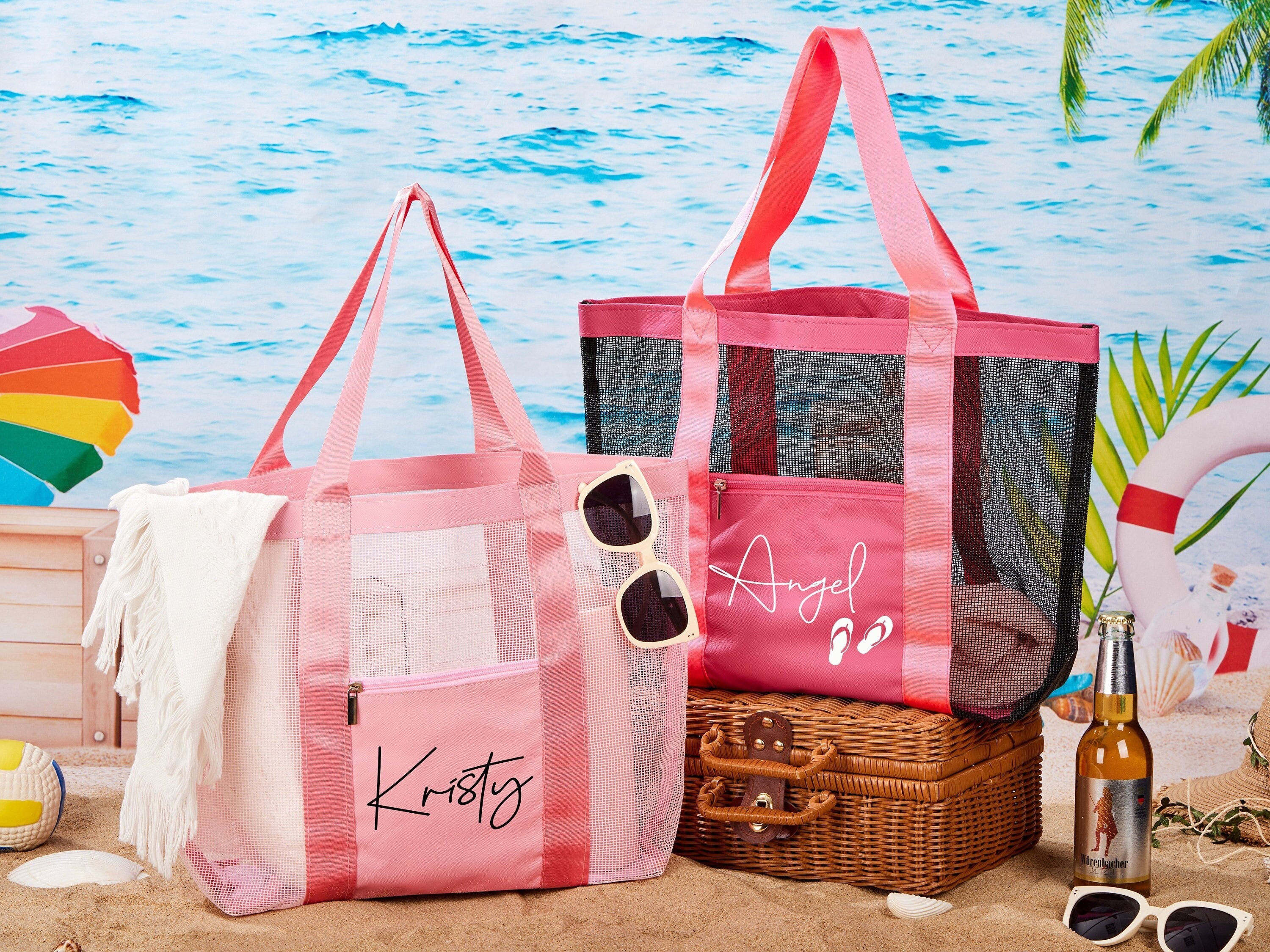 Edraco Mesh Beach Bags, Grocery Produce Tote Bag with Zipper