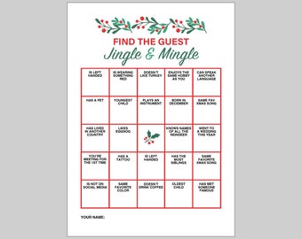 Jingle and Mingle Find the Guest - Christmas Eve Party Game and Icebreaker - Instant Download Pdf, Jpg Digital Download