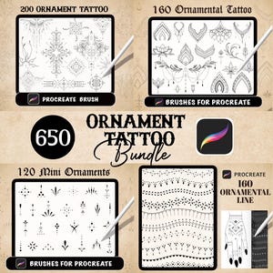 May include: Digital art bundle featuring 650 ornamental tattoo designs. The image displays four digital tablets with various tattoo patterns, including floral and geometric shapes. Each tablet shows the number of designs and the text "Procreate Brush" or "Brushes for Procreate".